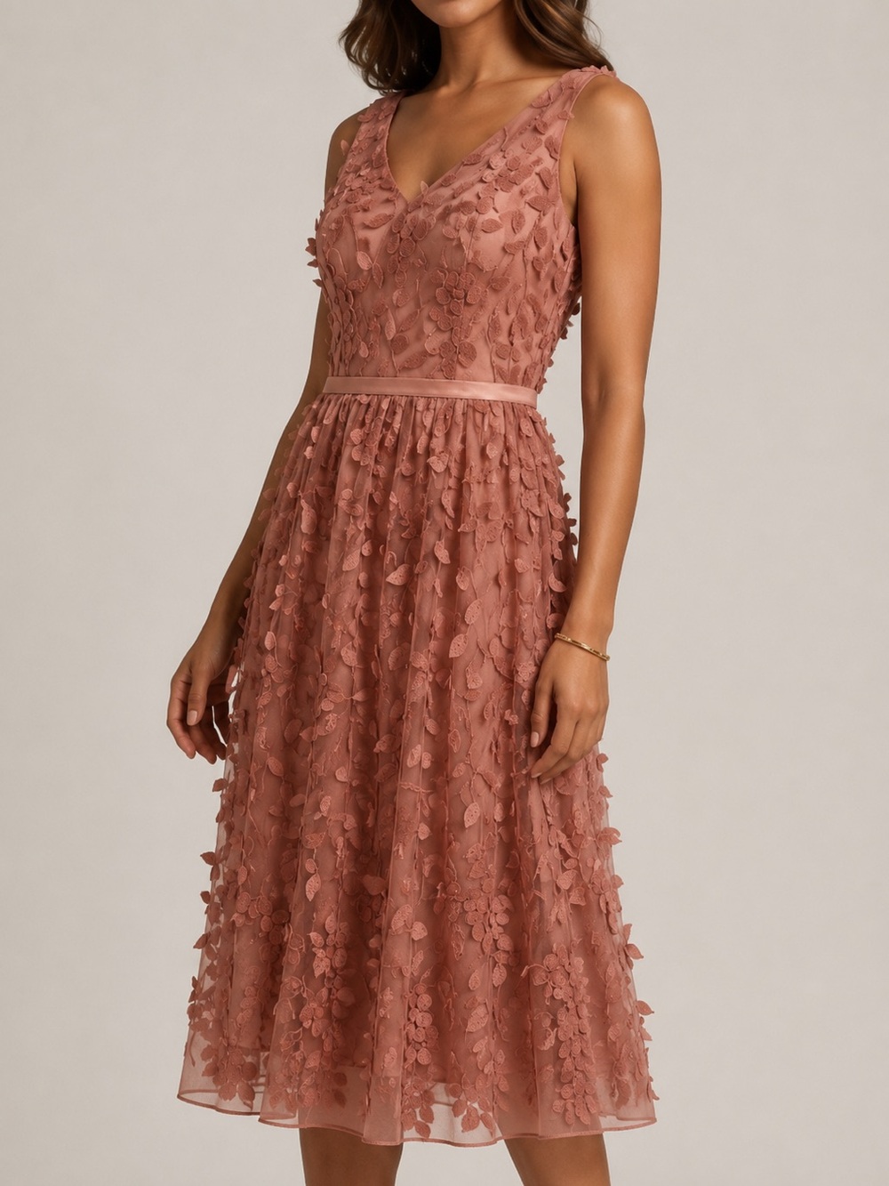 RW & Co Floral 3D Midi Dress Size 2 Blush Mesh Wedding Guest Feminine Romantic